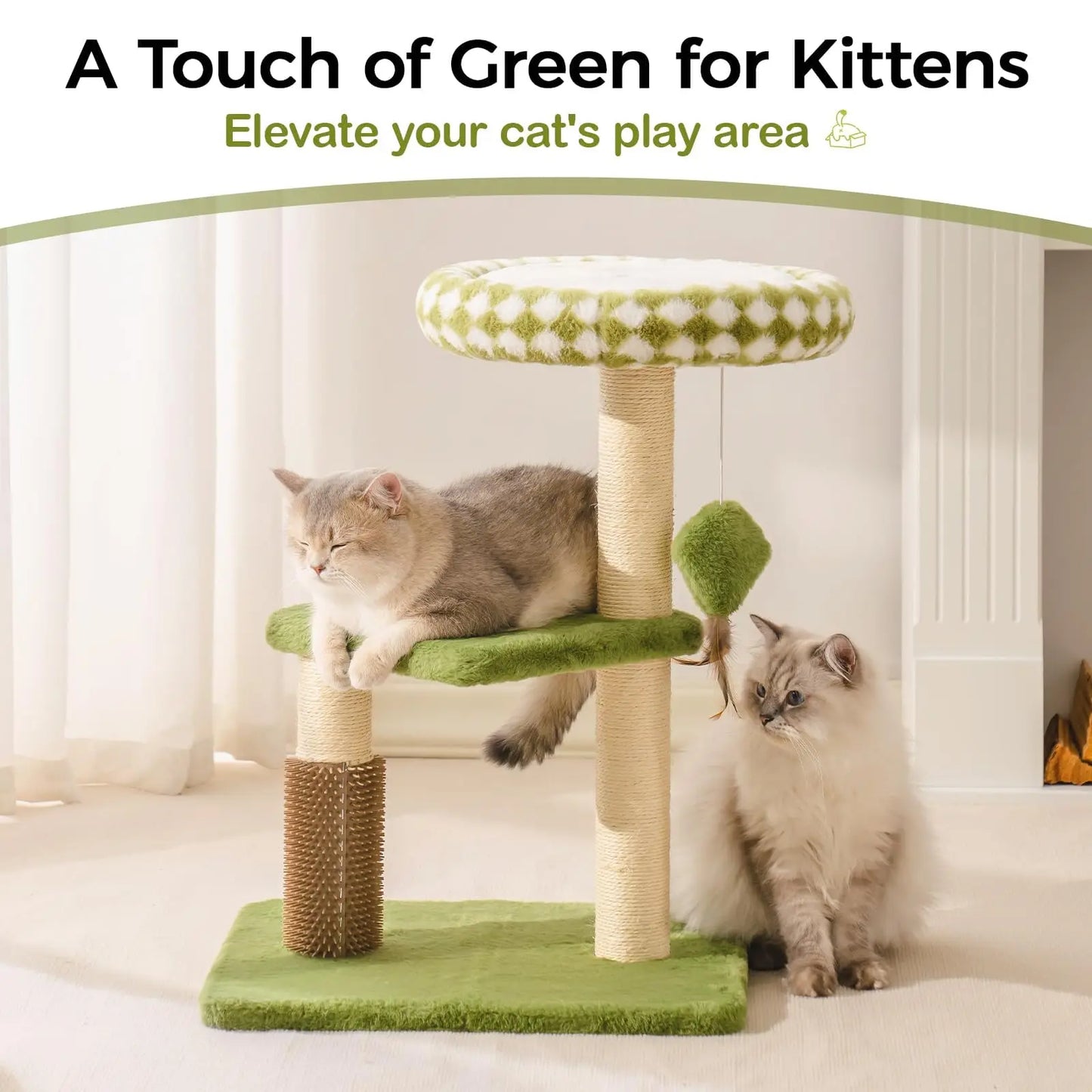 Mewoofun Cat Scratching Post Bed Small Cat Tower Sisal Cat Scratcher Cat Ball Track with Toys （Green Large)
