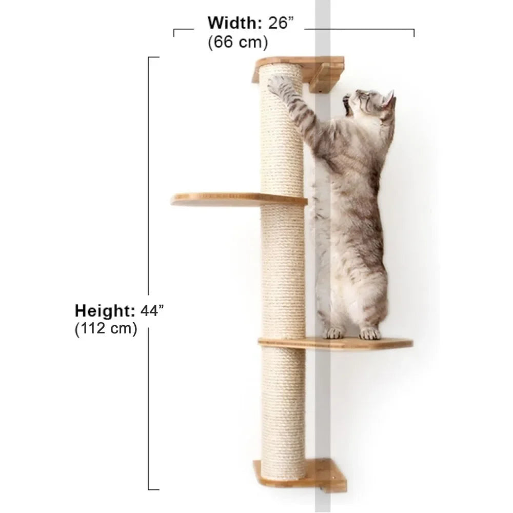 Cat Scratching Post –3-Tier Cat Wall Scratcher w/Cat Shelves -Bamboo and Sisal Cat Scratcher Post – Durable Cat Scratching Posts