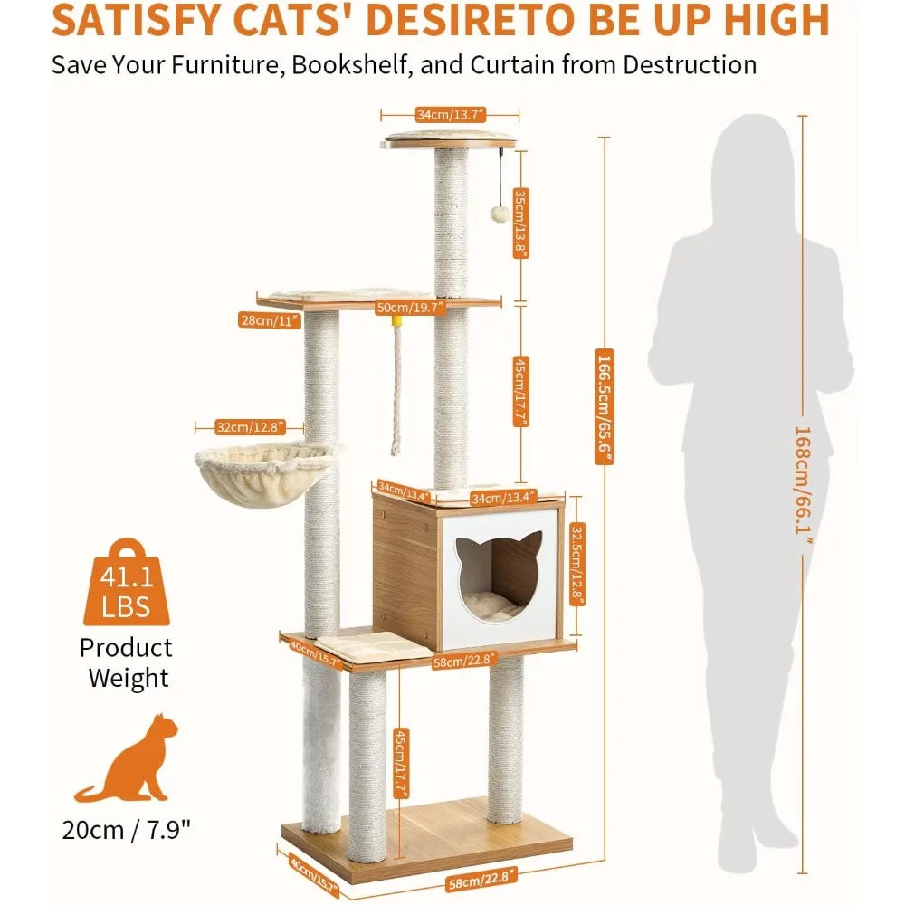 Made4Pets Cat Tree, Modern Cat Tree Tower for Indoor Cats - 65" Tall Wood Condo with Hammock, Scratching Post and Removable Pads