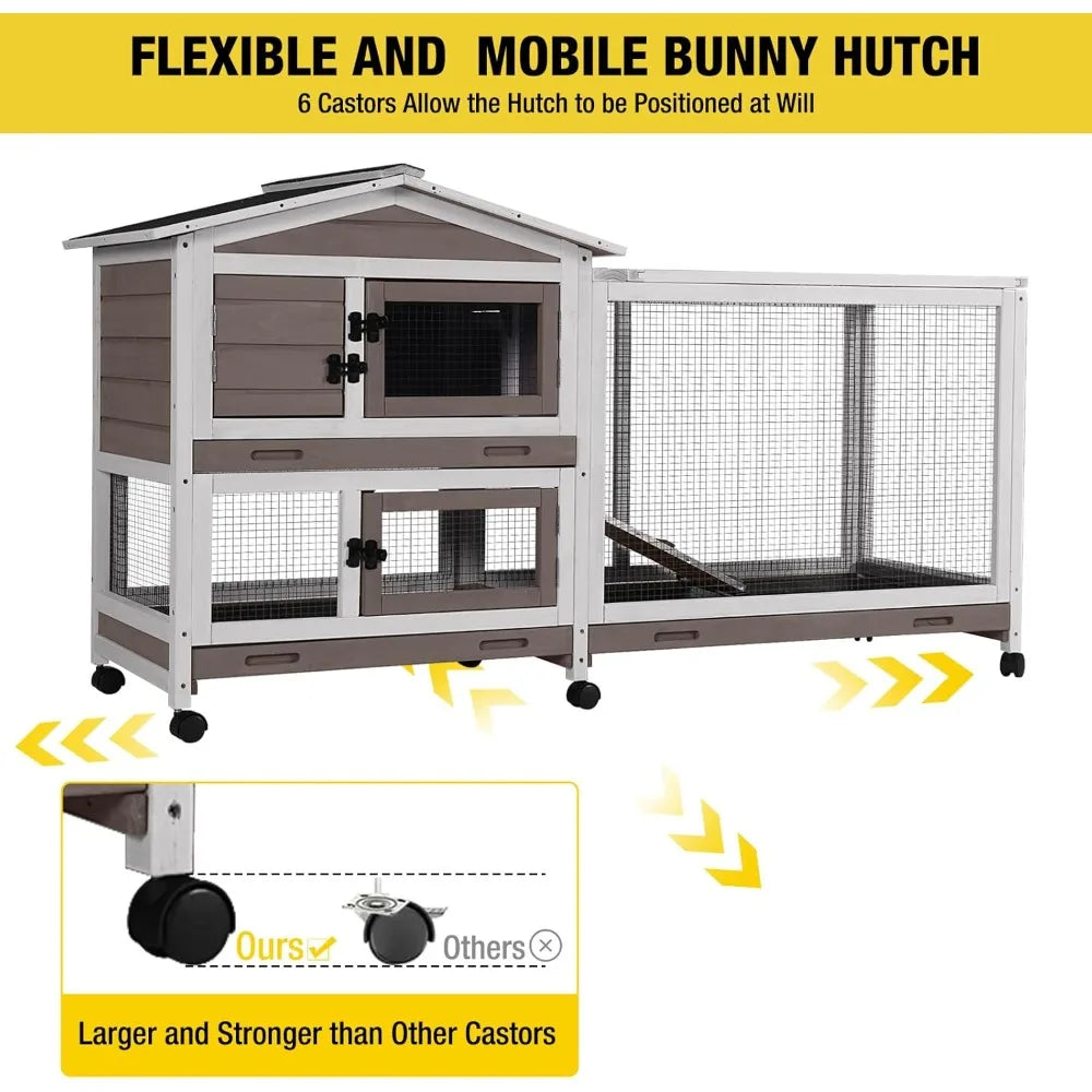 Rabbit Hutch 62" Rabbit Cage Indoor Outdoor Chicken Coop Guinea Pig Cage on Wheels Bunny Cage with 3 Deep No Leakage Pull Out T