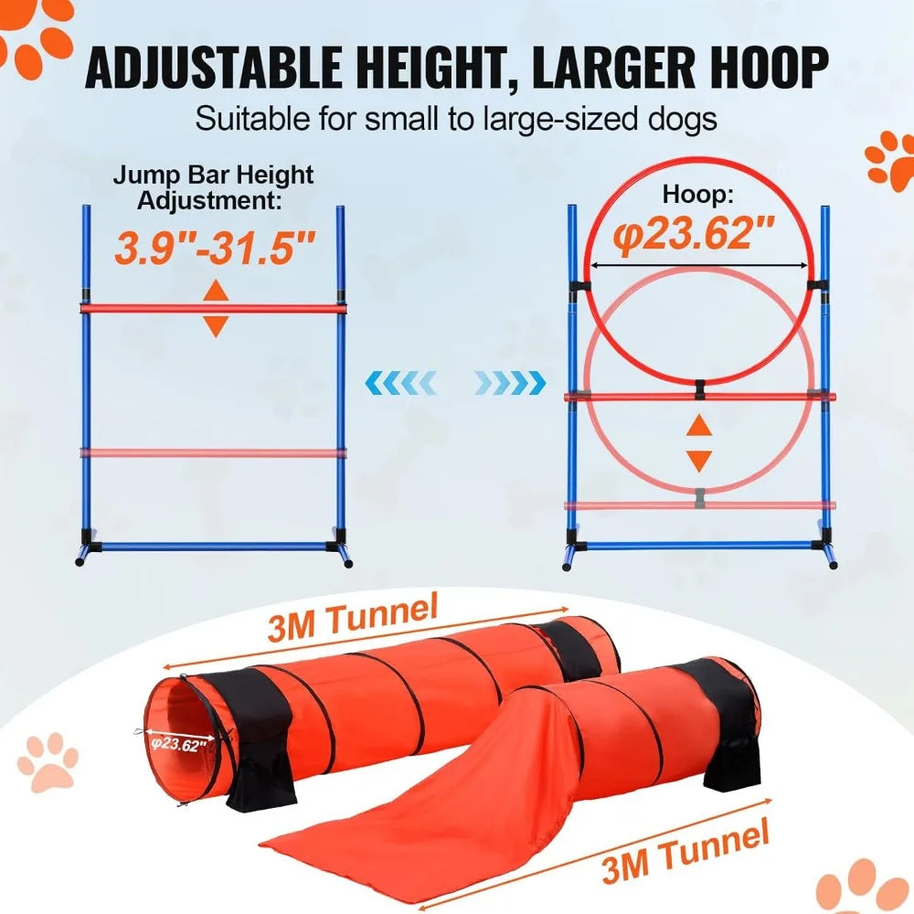 Dog Agility Course Backyard Set, 13pcs Agility Training Equipment for Dogs, 2 Tunnels with Sandbags,Adjustable Hurdles,Weave Po