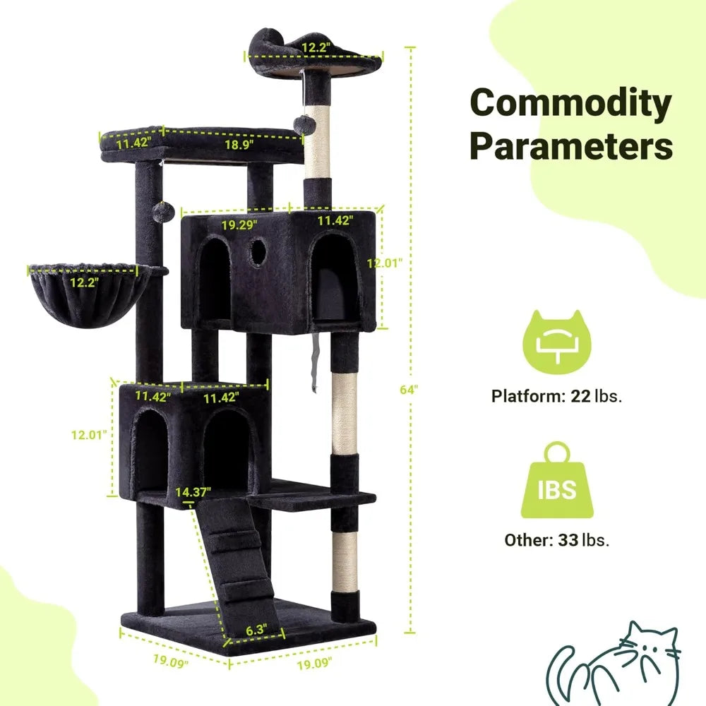 64-Inch Tall Cat Tower with Multi-Level Play Areas for Large Indoor Cats - Includes 2 Plush Beds, 2 Perches, Basket, and House w