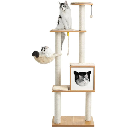 Made4Pets Cat Tree, Modern Cat Tree Tower for Indoor Cats - 65" Tall Wood Condo with Hammock, Scratching Post and Removable Pads