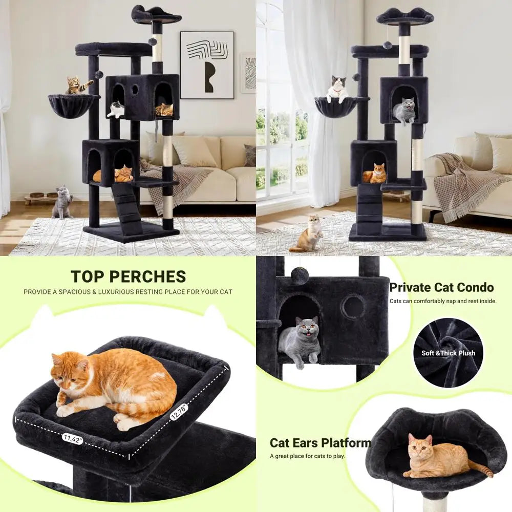 64-Inch Tall Cat Tower with Multi-Level Play Areas for Large Indoor Cats - Includes 2 Plush Beds, 2 Perches, Basket, and House w