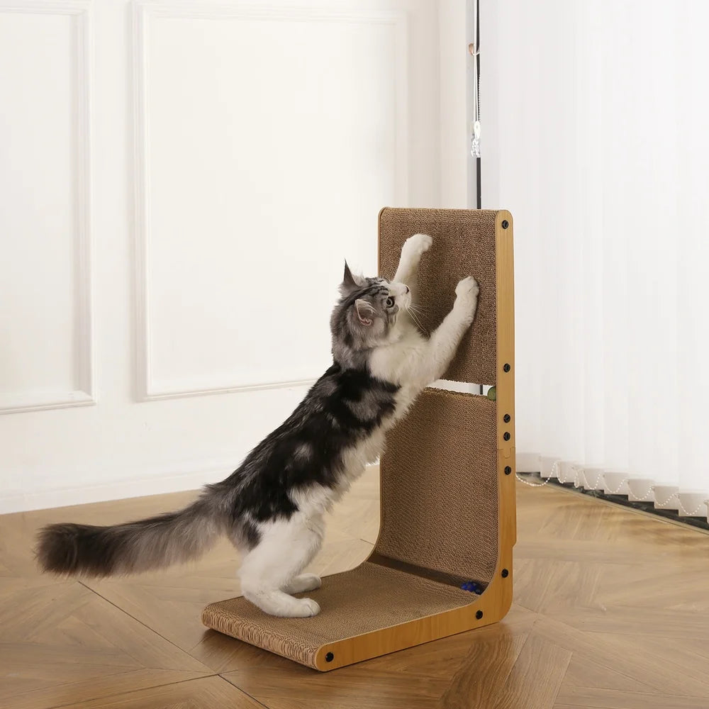 L Shape Cat Scratcher Durable Replaceable Scratching Pad with Catnip Toy Balls and Bell Engaging Fun and Furniture Protection