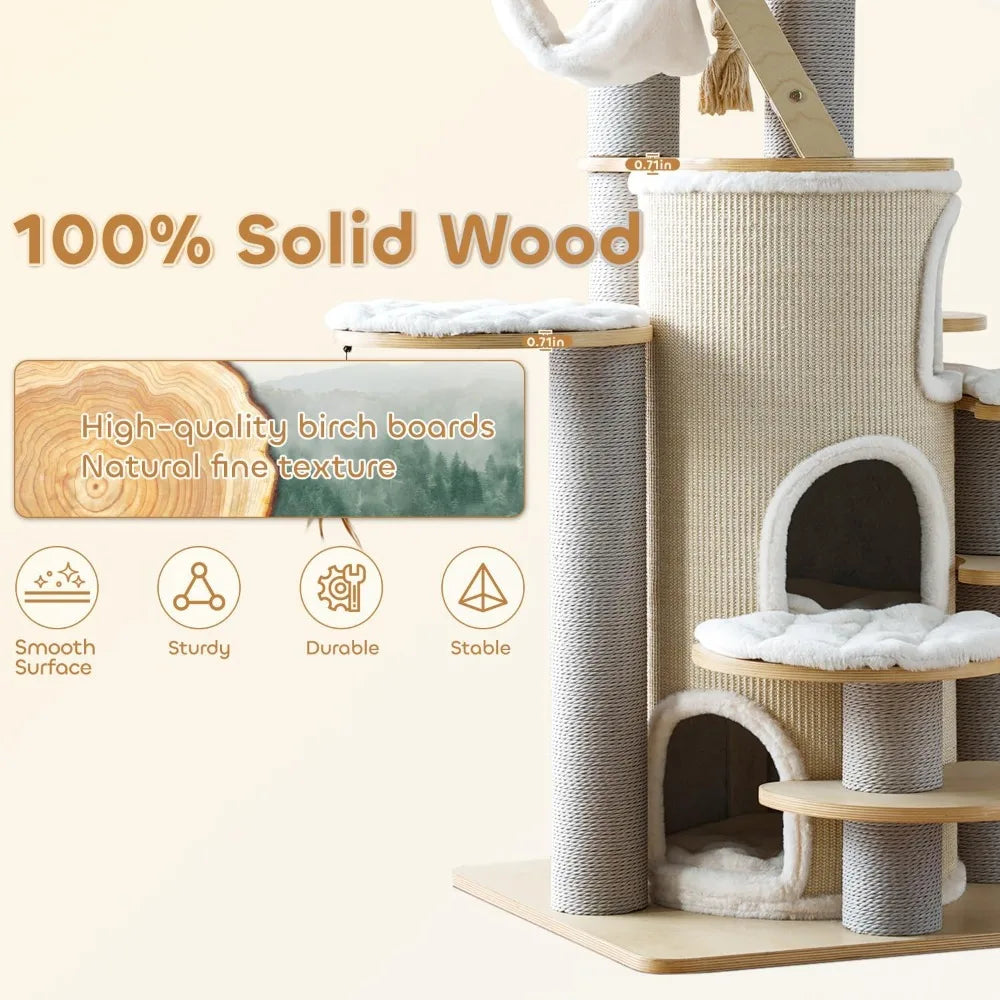 "63-inch tall solid wood indoor cat tree house for large maine coons - multi-level heavy duty luxury cat tower"