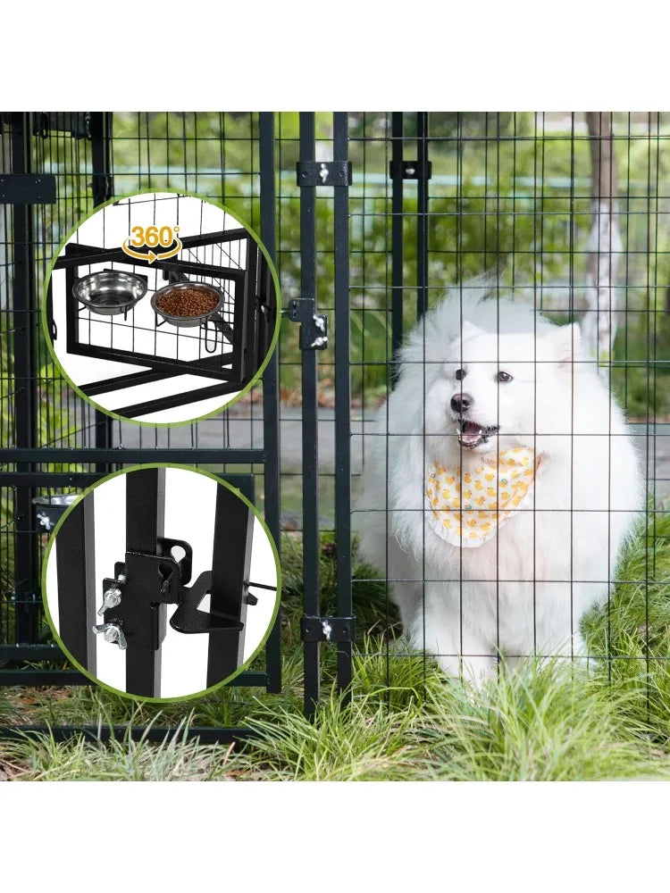Outdoor  Kennel with Roof,  Kennel Outside with 2  Bowls, Large  Houses Pen Dogs Run Enclosure with Secure L