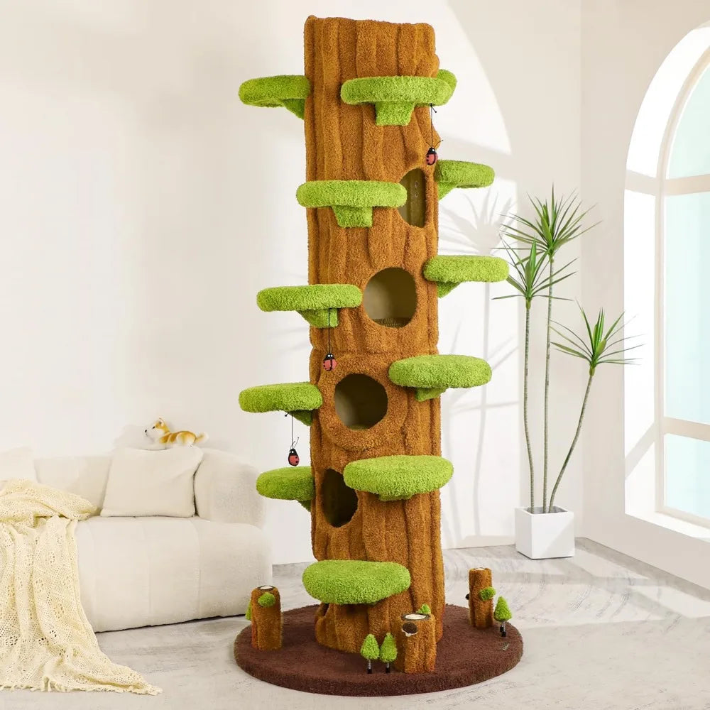 90.5'' Luxury Cat Tree for Indoor Cats, All-in-One Tall Cat Tower with Scratching Post, Multi-Level House, Solid Wood Condo for
