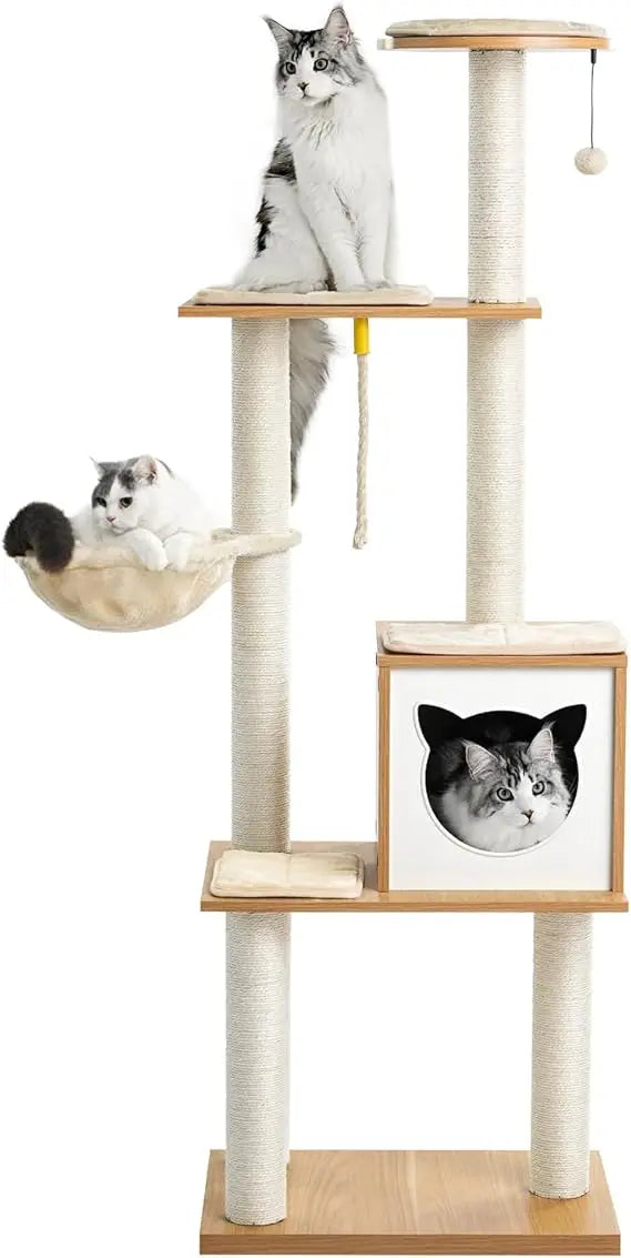 Made4Pets Cat Tree, Modern Cat Tree Tower for Indoor Cats - 65" Tall Wood Condo with Hammock, Scratching Post and Removable Pads