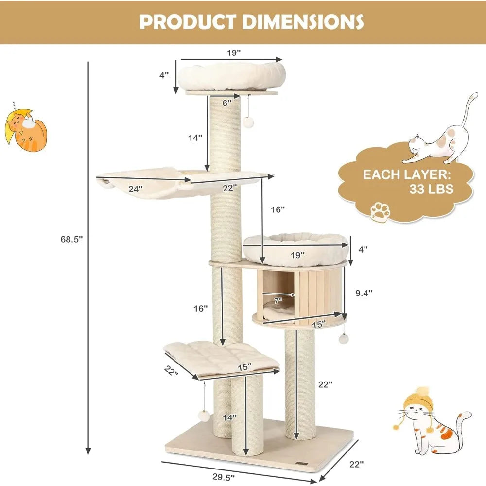 Large Multi-Level Modern Cat Tower with Condo, Hammocks, Hanging Basket, Sisal Posts, Tall Cat Tree for Play and Rest