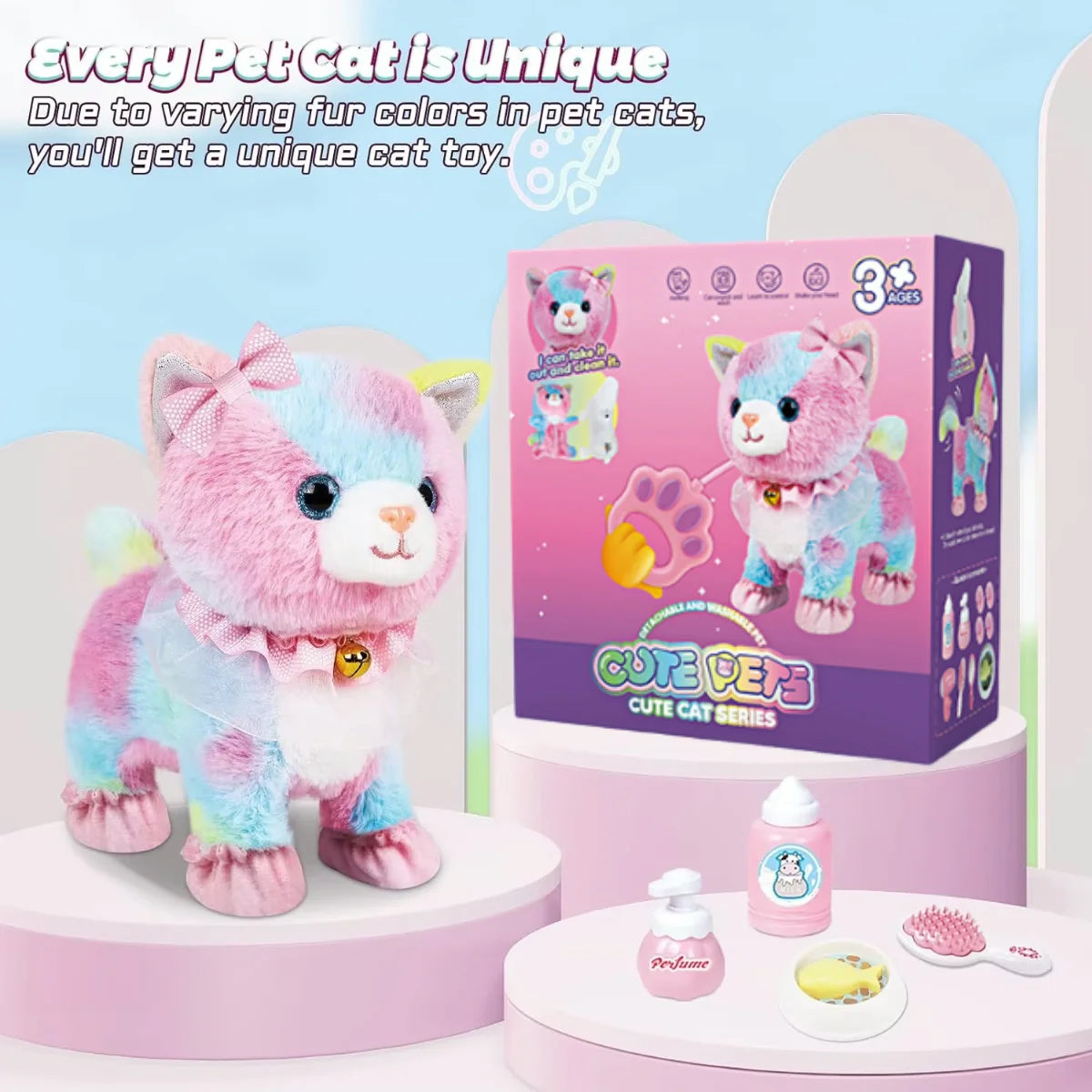 Touch&Voice Controlled Remote Lifelike Walking Cat Toy with Leash,Can Walk, Meow, and Wags Tail, Best Gift for Girls Ages 3+