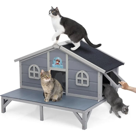 Outdoor Feral Cat House, Large Wooden Outside Cat Shelter with Balcony, Sloped Weathproof Roof, Elevated Legs, Escape Doors, Gre