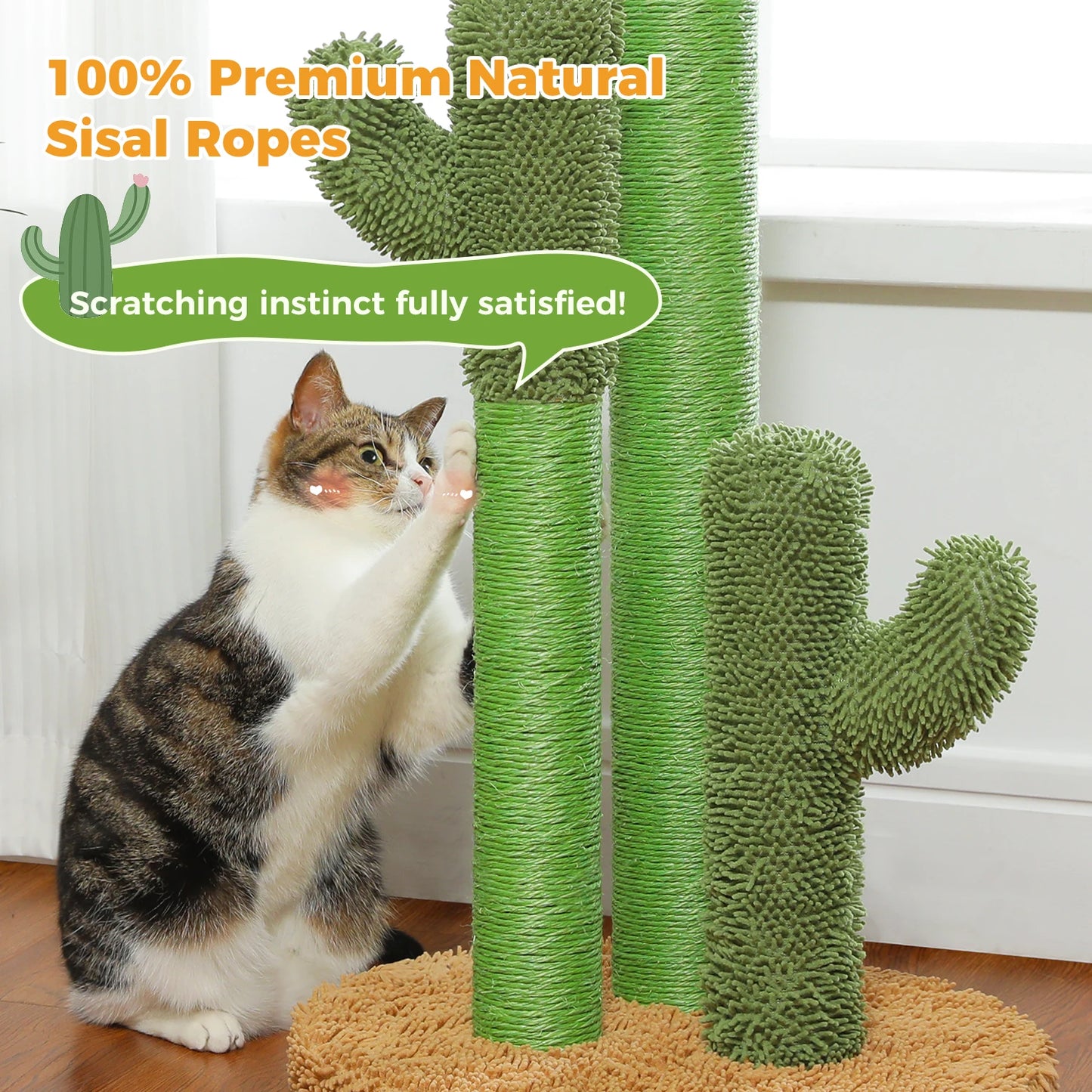 Cactus Cat Scratching Post with 3 Sisal Scratching Poles and Interactive Dangling Ball Tall Cat Scratcher for Indoor Cat Toys