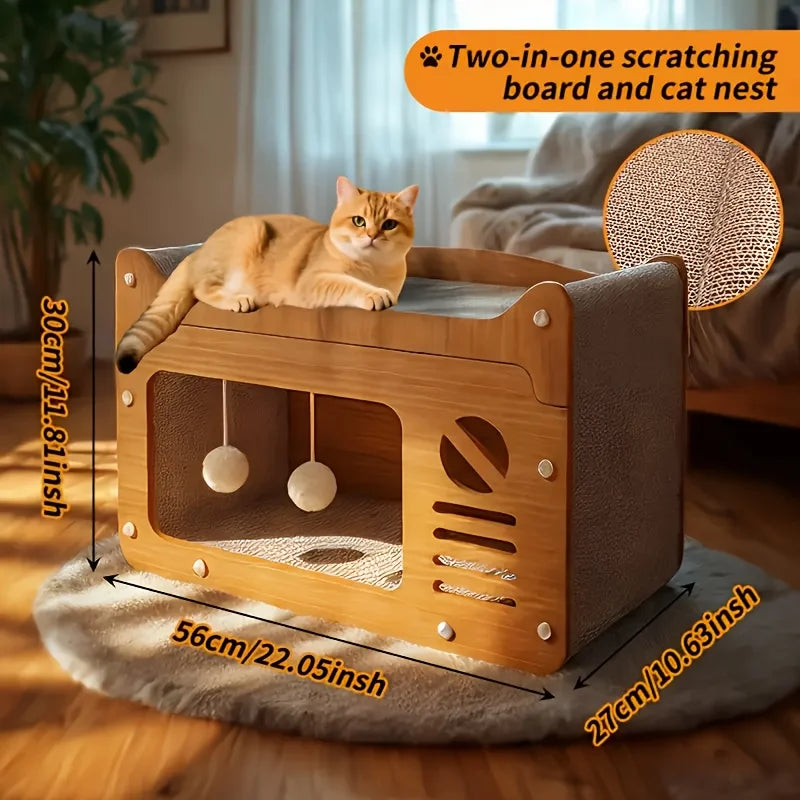 Large Indoor Cat House with Scratching Post, Durable Structure, Suitable for Cats to Rest and Play