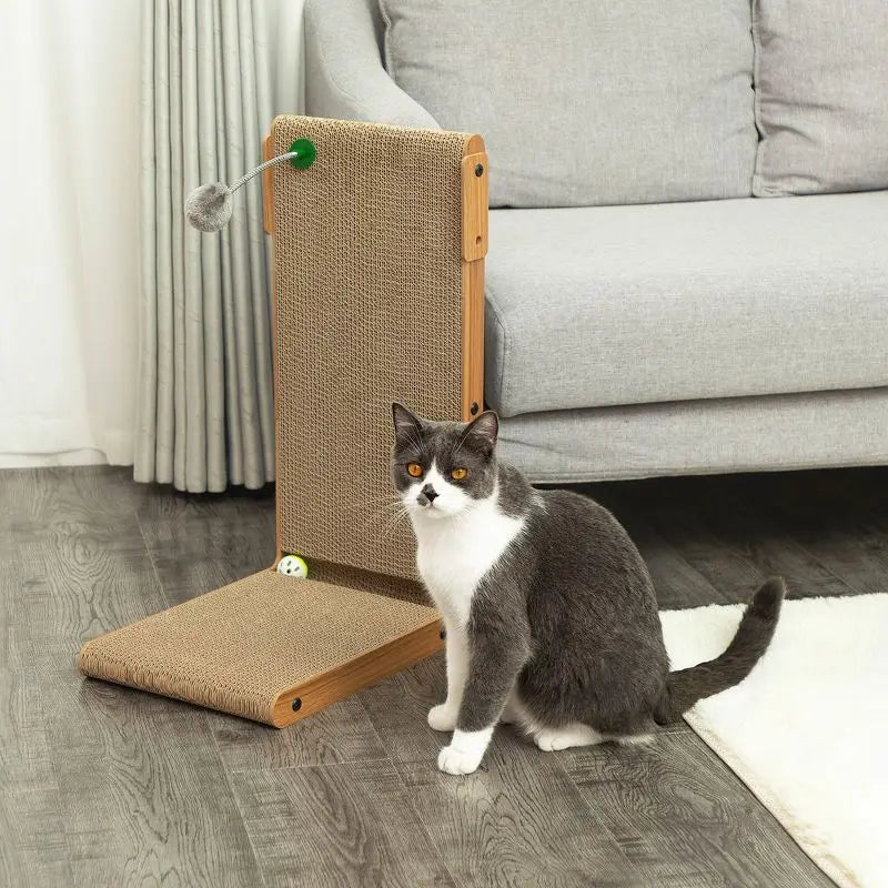 L Shaped Cat Scratcher with Play Ball Durable Scratching Board for Indoor Cats Interactive Hanging Toy Space Saving