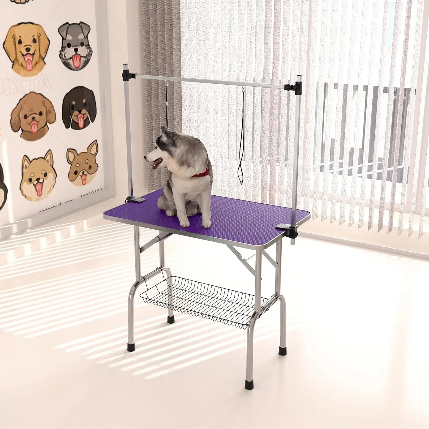 42" Dog Grooming Table Foldable Pet Grooming Tables with Adjustable Arm Noose Storage Mesh Tray Maximum Capacity Up to 330lbs
