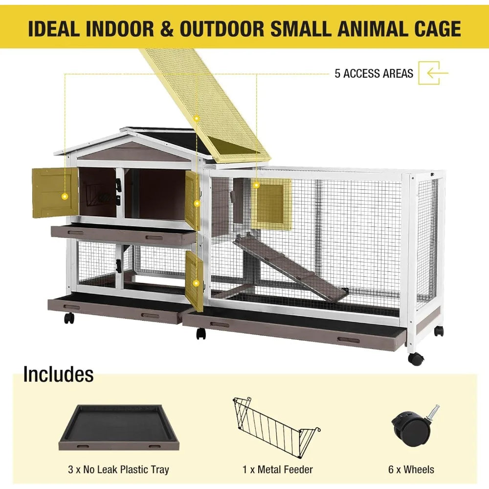 Rabbit Hutch 62" Rabbit Cage Indoor Outdoor Chicken Coop Guinea Pig Cage on Wheels Bunny Cage with 3 Deep No Leakage Pull Out T