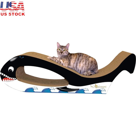 Giant Whale Cat Scratcher 2-in-1 Set with Bonus Feather Wand Toy Colorful Corrugated Cardboard Keeps Claws Healthy Play Sleep