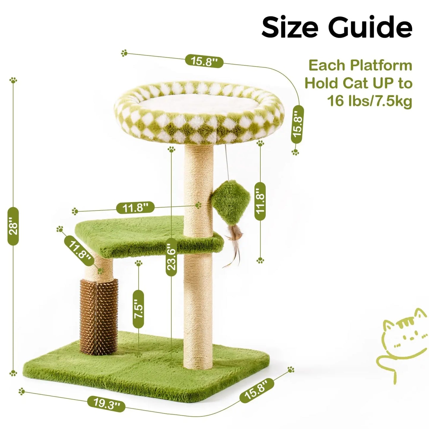 Mewoofun Cat Scratching Post Bed Small Cat Tower Sisal Cat Scratcher Cat Ball Track with Toys （Green Large)