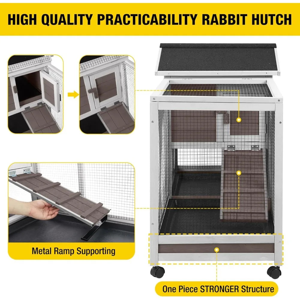 Rabbit Hutch 62" Rabbit Cage Indoor Outdoor Chicken Coop Guinea Pig Cage on Wheels Bunny Cage with 3 Deep No Leakage Pull Out T
