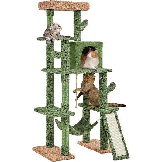 Cactus Cat Tree, 63″ H Multi-Level Cat Tower for Indoor Cats, Tall Climbing Tower with Sisal-Covered Scratching Posts