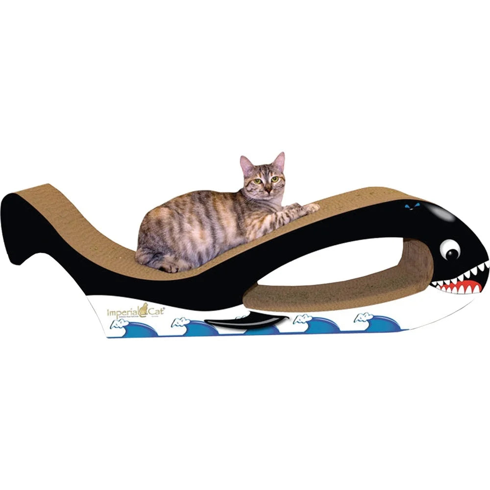 Giant Whale Cat Scratcher 2-in-1 Set with Bonus Feather Wand Toy Colorful Corrugated Cardboard Keeps Claws Healthy Play Sleep