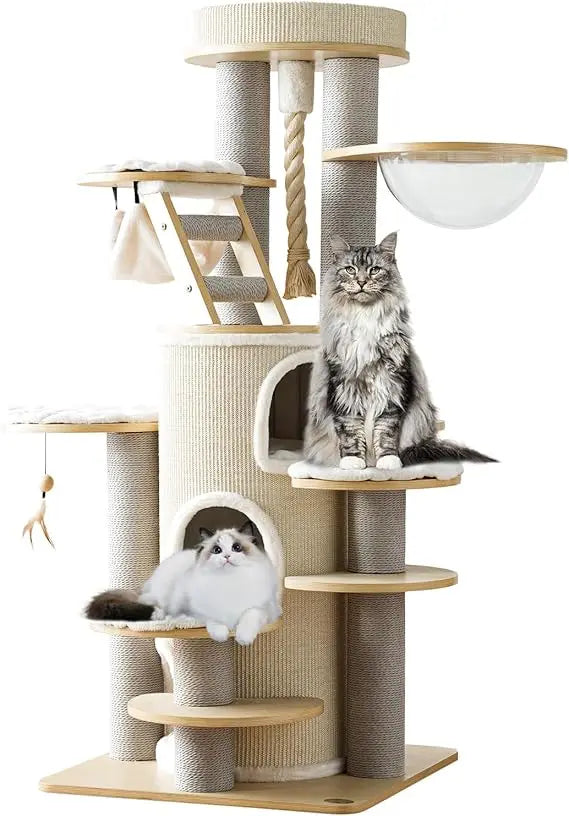 "63-inch tall solid wood indoor cat tree house for large maine coons - multi-level heavy duty luxury cat tower"