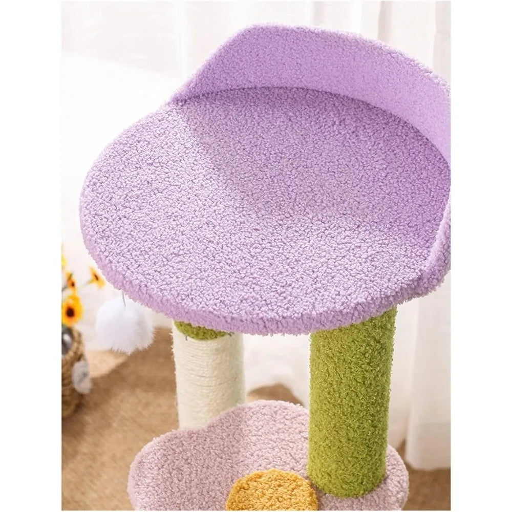 Three-Layer Cat Climbing Tower with Flower Design, Litter Included, Scratching Post, and Toys for One Cat's Play and Comfort