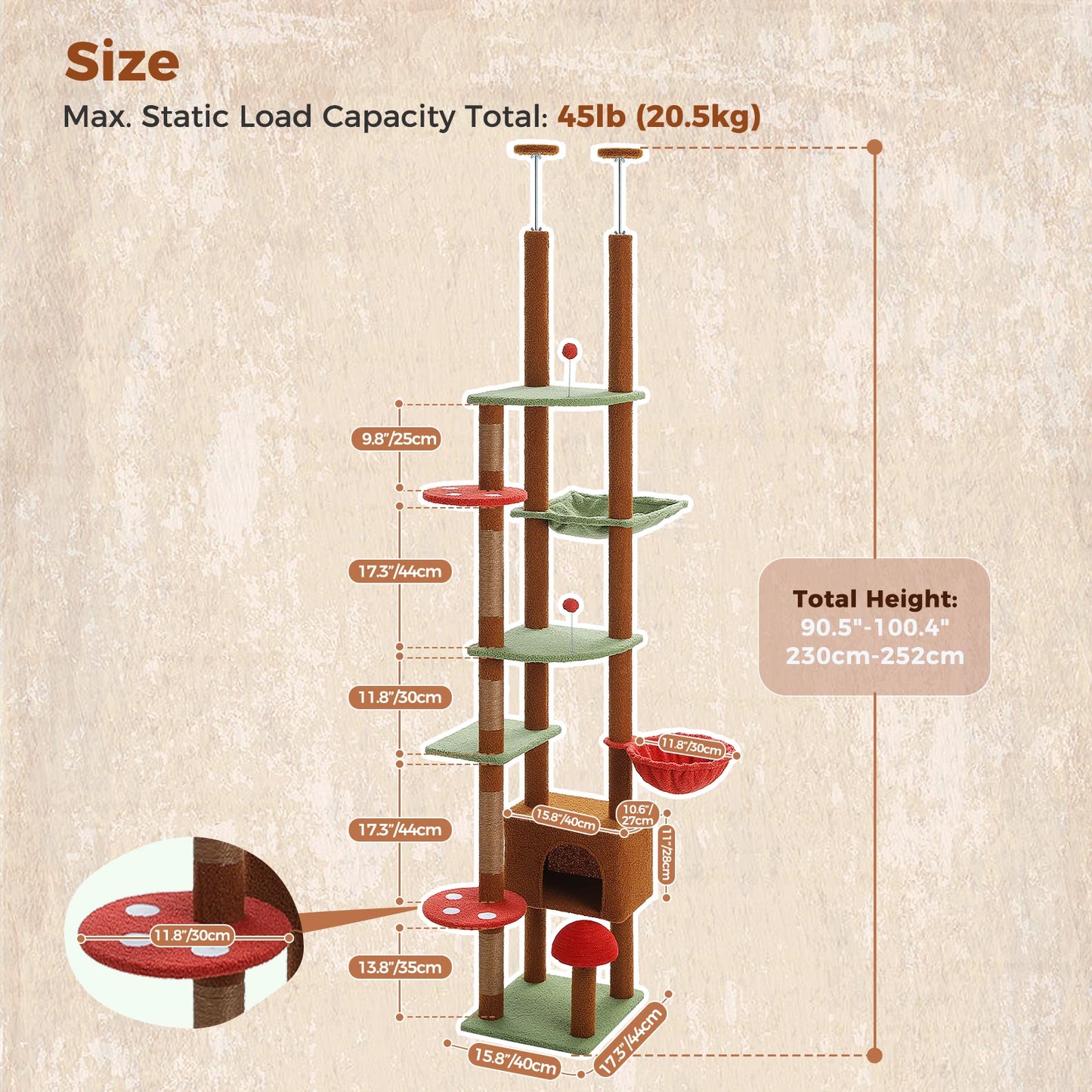 Floor to Ceiling Cat Tree with Sisal Scratching Posts Cozy Condo Hammock Adjustable Height Tall Cat Tower for Indoor Cat Toys