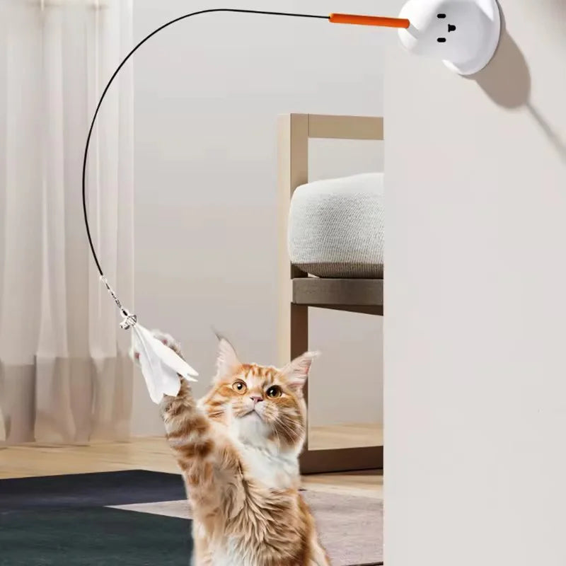 Cat Toy Teaser Rod with Suction Cup Self - entertaining Feather Pet Toy with Bell Long Pole Interactive and Bite - Resistant