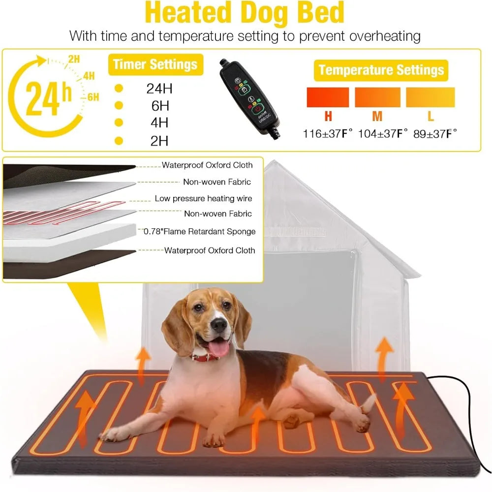 Heated Dog House Outdoor 50.9" Large Dog Kennel with Metal Frame Insulated Indoor Dog Cage for Small Medium Large Dogs with Hea