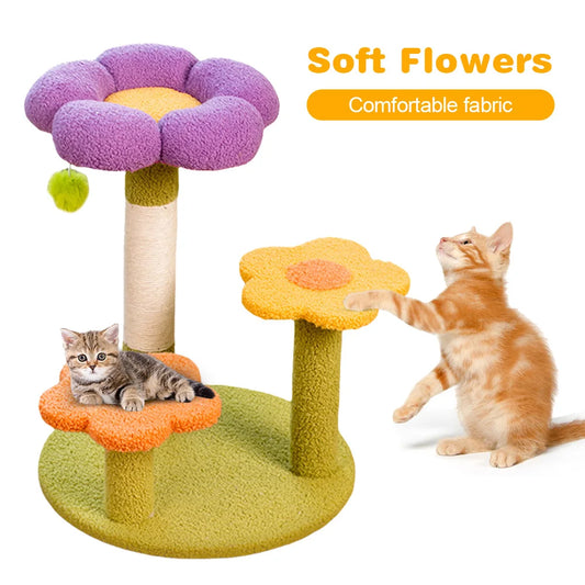 Multifunctional Cat Tower with Flower Pattern Small Cat Tree Sisal Wrapped 3 Layer Interactive Cat Tree for Cats