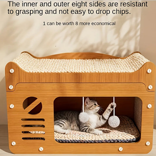 Large Indoor Cat House with Scratching Post, Durable Structure, Suitable for Cats to Rest and Play