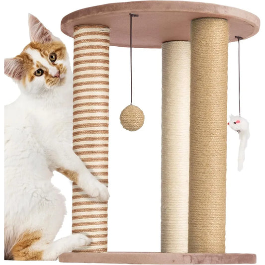Cat Scratching Post - 3 Scratcher Posts with Carpeted Base Play Area and Perch - Furniture Scratching Deterrent for Indoor