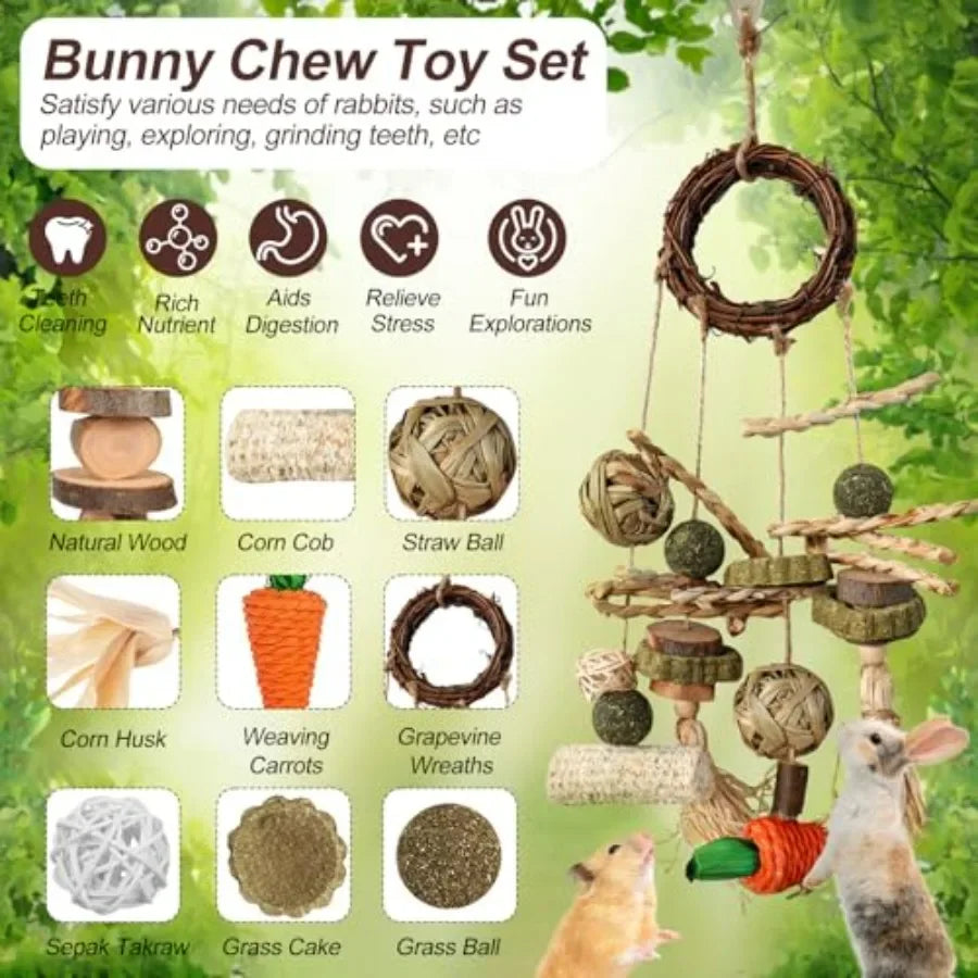 15PCS Rabbit Toys for Bunnies Boredom Enrichment with Chinchilla Hamster Rat Guinea Pig Bunny Toys for Rabbits Indoor Wooden Ha