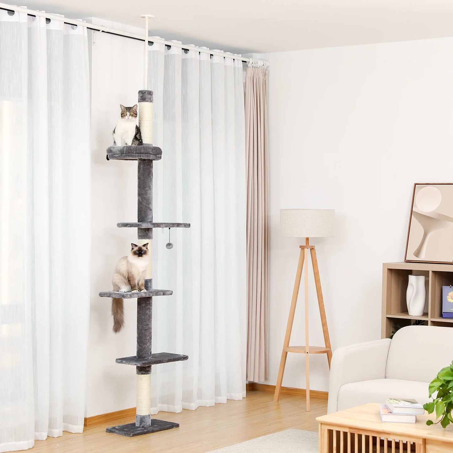 Adjustable Height Cat Tree for Indoor, Floor to Ceiling Cat Tower with Scratching Posts, Cat Scratcher Furniture, Kitten Toys