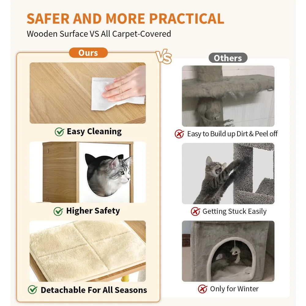 Made4Pets Cat Tree, Modern Cat Tree Tower for Indoor Cats - 65" Tall Wood Condo with Hammock, Scratching Post and Removable Pads