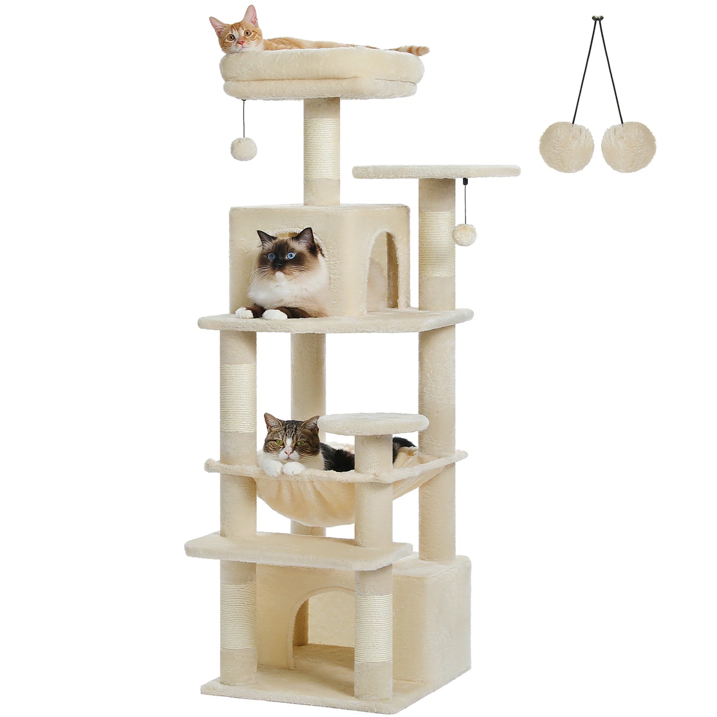 6-levels Safe and Stable Cat Tree with Soft Hammock,Dual Condos,Double Top Perches,5 Scratching Posts Suittable Multi Cats Home