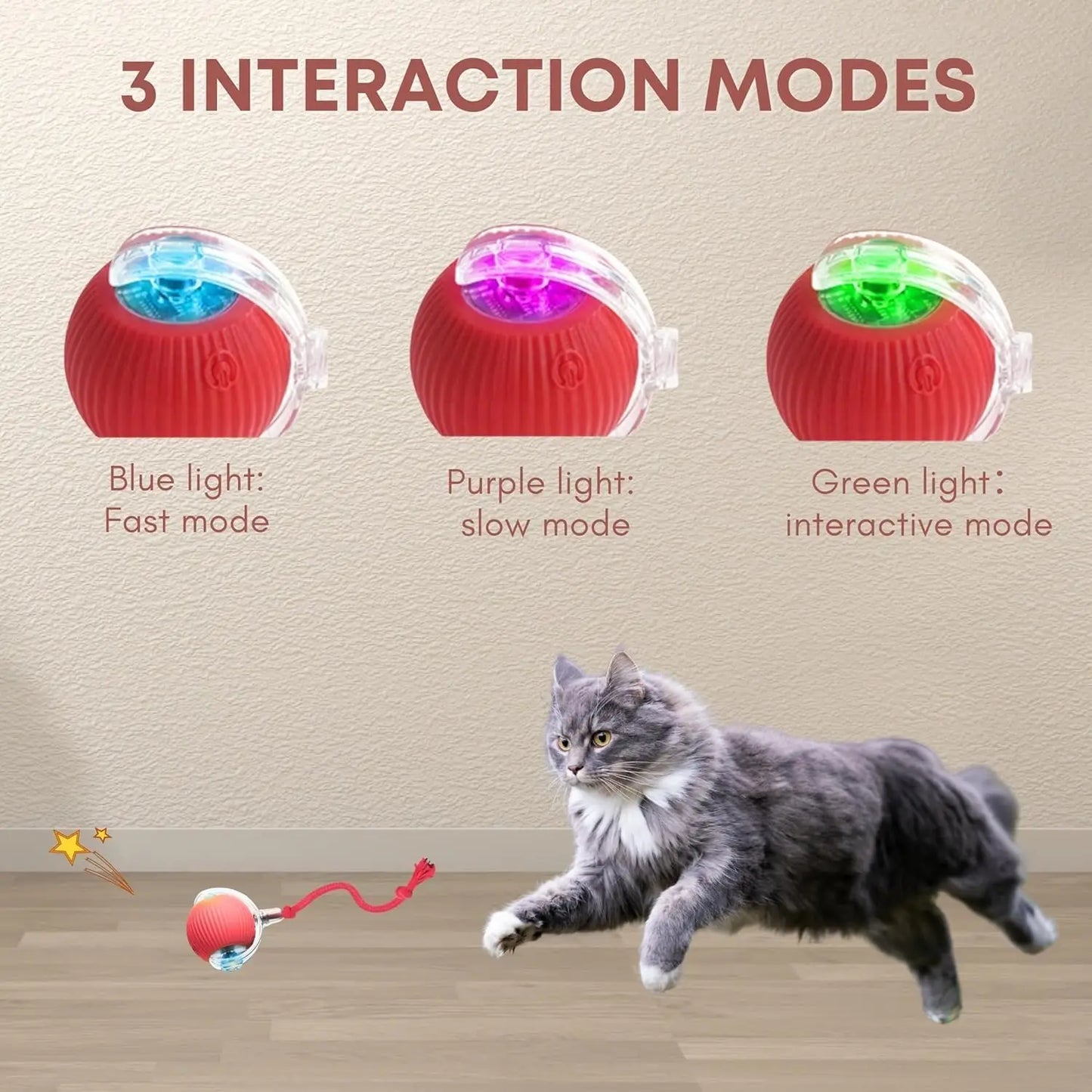Durable Automatic Chase Ball Cat Toy with Speedy Tail, Interactive Fun for Indoor Cats, Red