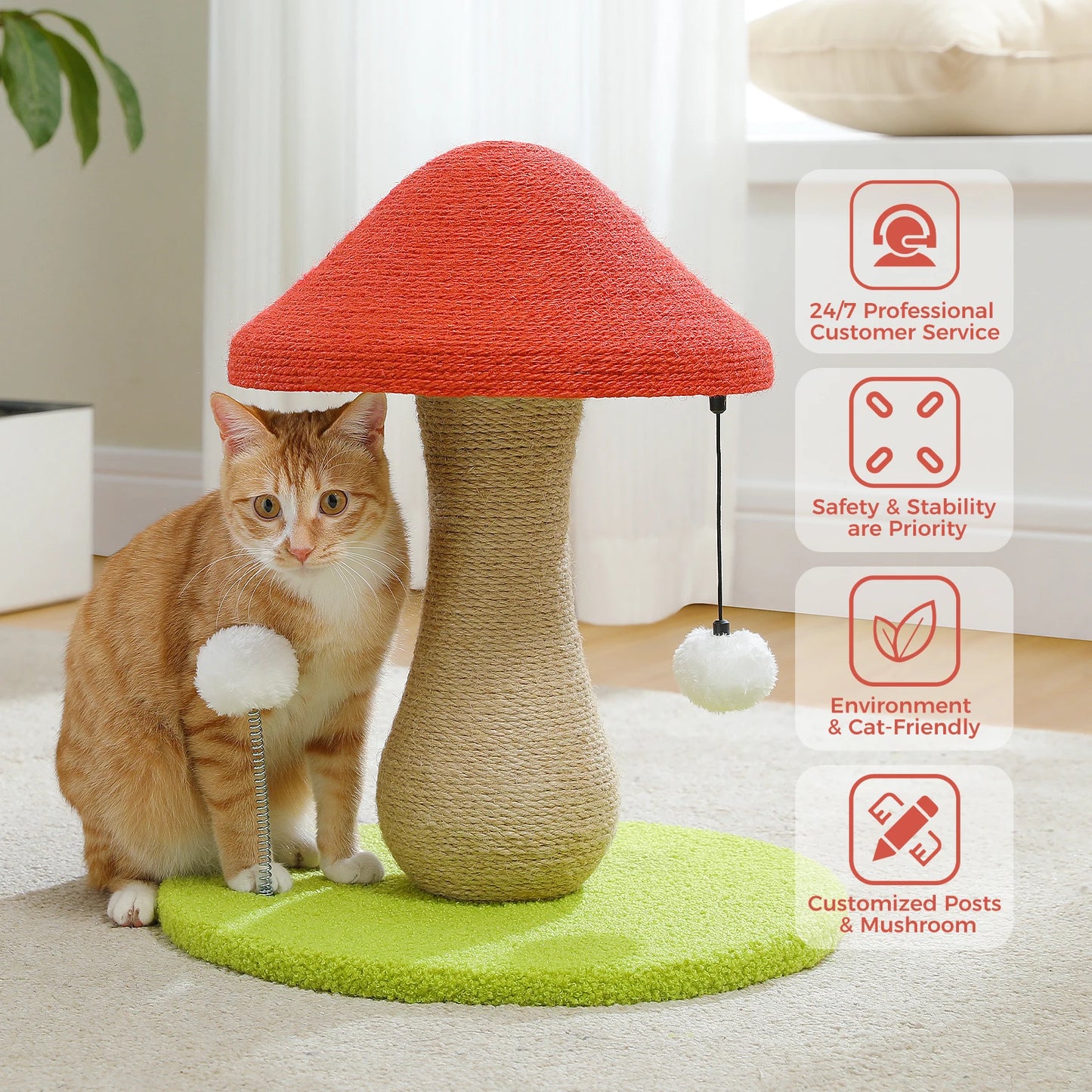 Mushroom Cat Scratching Post, Cat Scratcher Cute with 100% Sisal Covered Scratching Post & Pompoms Cat Toy, Mushroom Cat Post