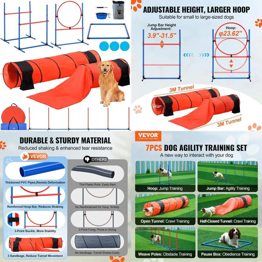 Dog Agility Course Backyard Set, 13pcs Agility Training Equipment for Dogs, 2 Tunnels with Sandbags,Adjustable Hurdles,Weave Po