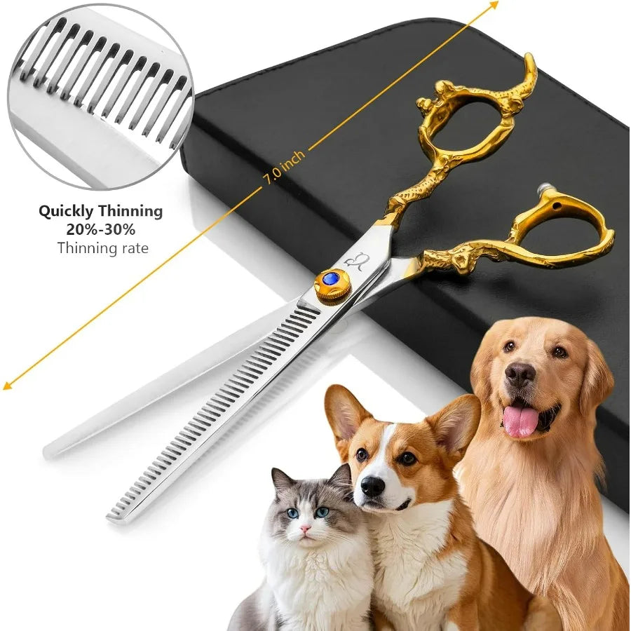 Dog Grooming ScissorsThinning Shear Chunkers Shears and Curved scissors with Safety Round Tips Sharp 3 in 1 Dog Scissors for Gr
