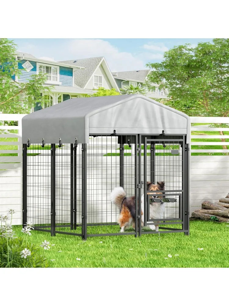 Outdoor  Kennel with Roof,  Kennel Outside with 2  Bowls, Large  Houses Pen Dogs Run Enclosure with Secure L