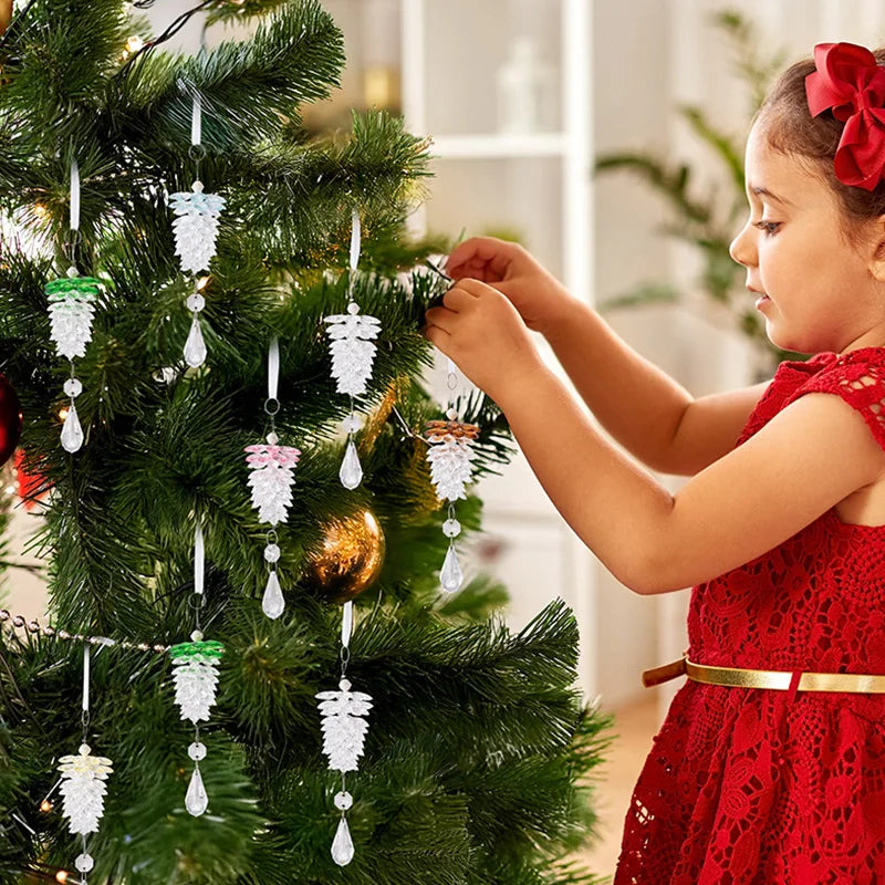 6pcs Christmas Pinecone Ornaments Acrylic Crystal Pine Cones Hanging Decor Christmas Tree Ornaments for Xmas New Year Holiday