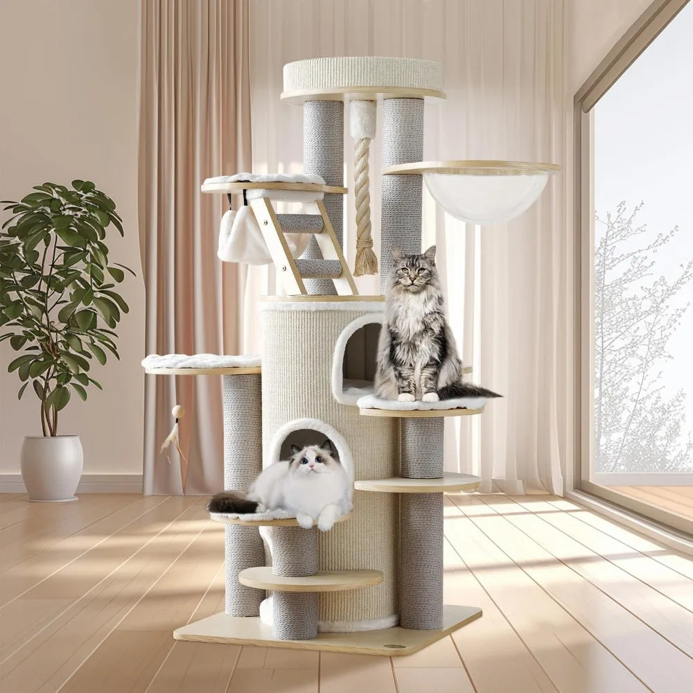 "63-inch tall solid wood indoor cat tree house for large maine coons - multi-level heavy duty luxury cat tower"