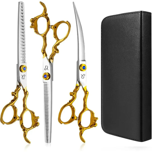 Dog Grooming ScissorsThinning Shear Chunkers Shears and Curved scissors with Safety Round Tips Sharp 3 in 1 Dog Scissors for Gr