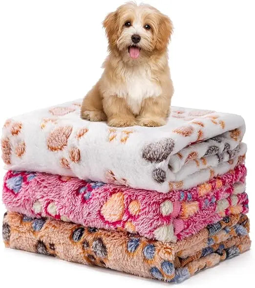 1 Pack 3 Blankets Fluffy Premium Fleece Soft Pet Blanket Flannel Throw for Cat Dog Puppy (Small 23x16'', Paw-White/Pink/Brown)