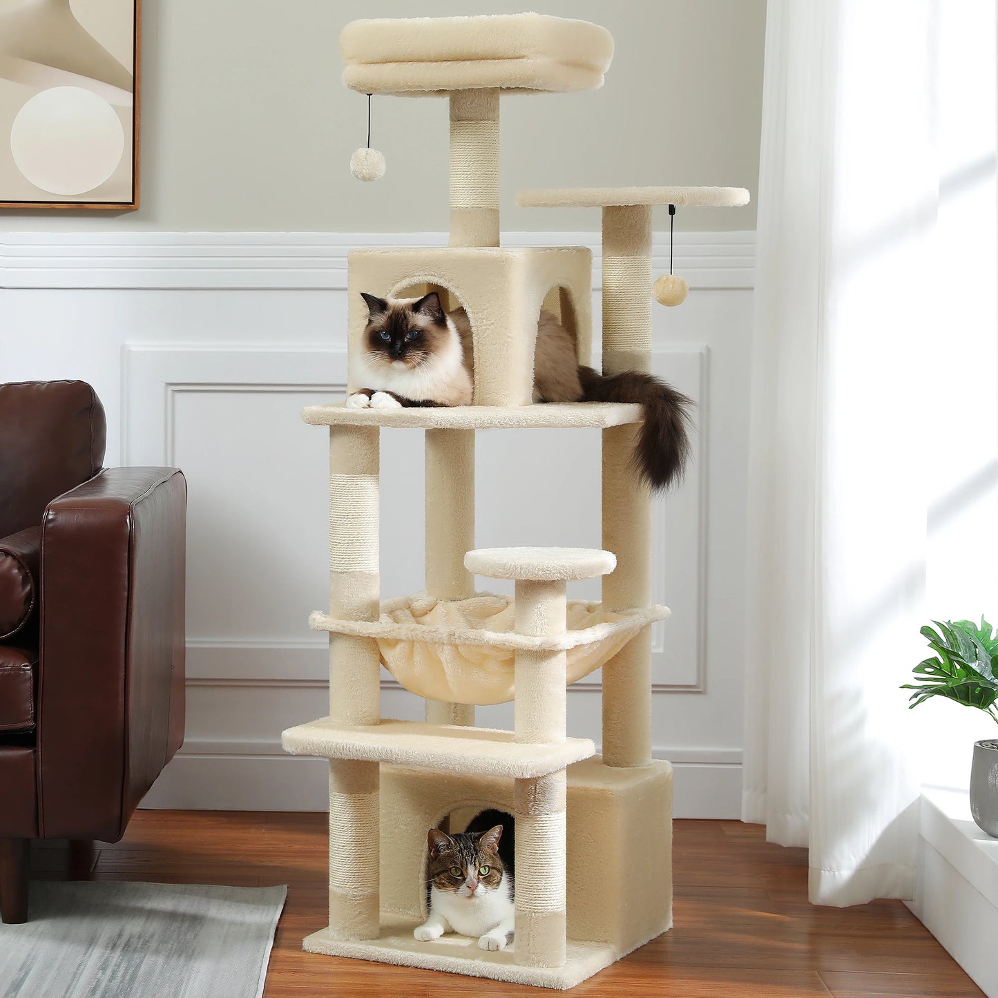 6-levels Safe and Stable Cat Tree with Soft Hammock,Dual Condos,Double Top Perches,5 Scratching Posts Suittable Multi Cats Home