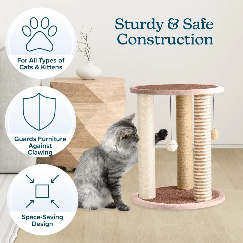 Cat Scratching Post - 3 Scratcher Posts with Carpeted Base Play Area and Perch - Furniture Scratching Deterrent for Indoor