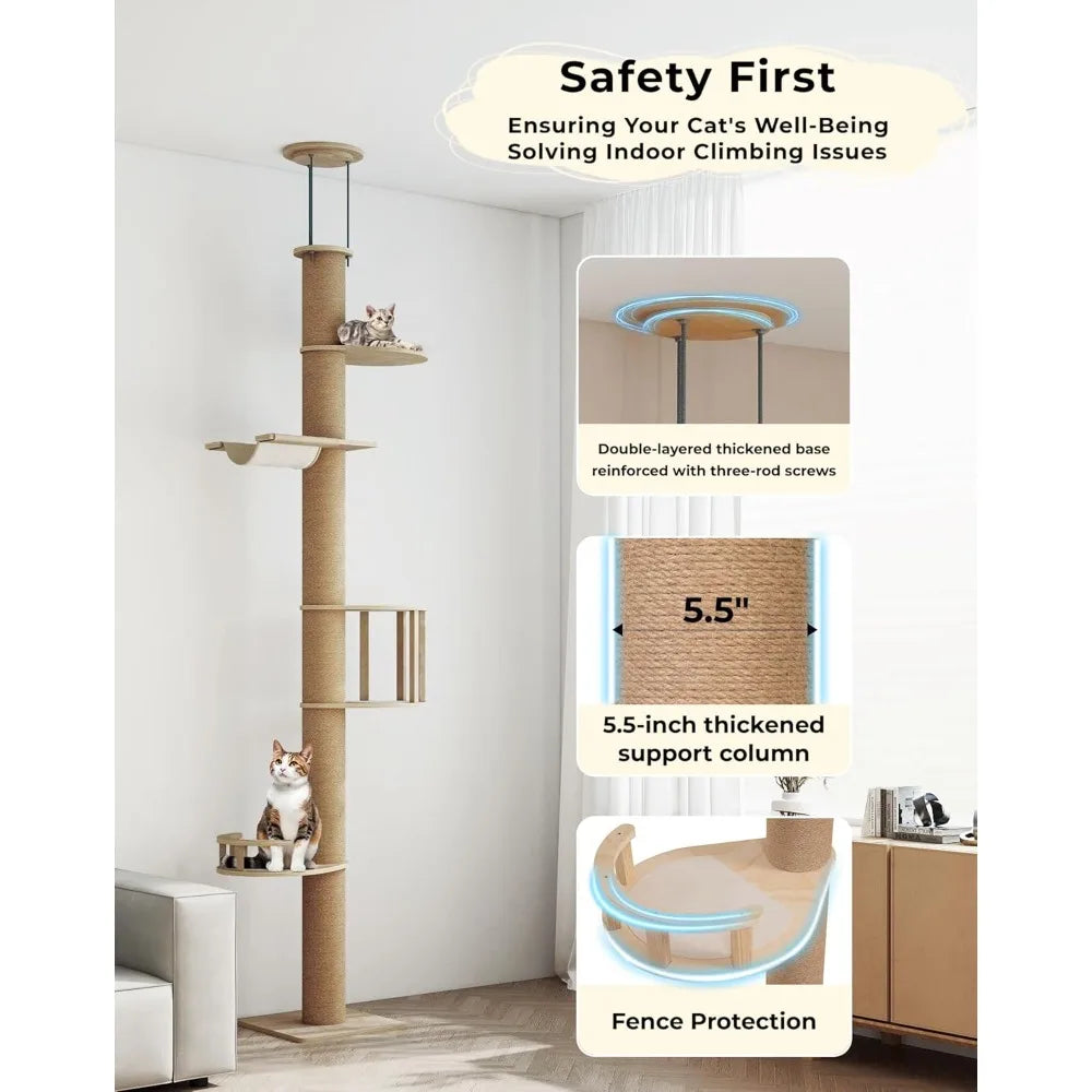 Floor-to-Ceiling Cat Tree, Adjustable (89-112 inches), Sturdy 5-Tier Tower for Large Cats. Features 5.5 Scratching Posts.